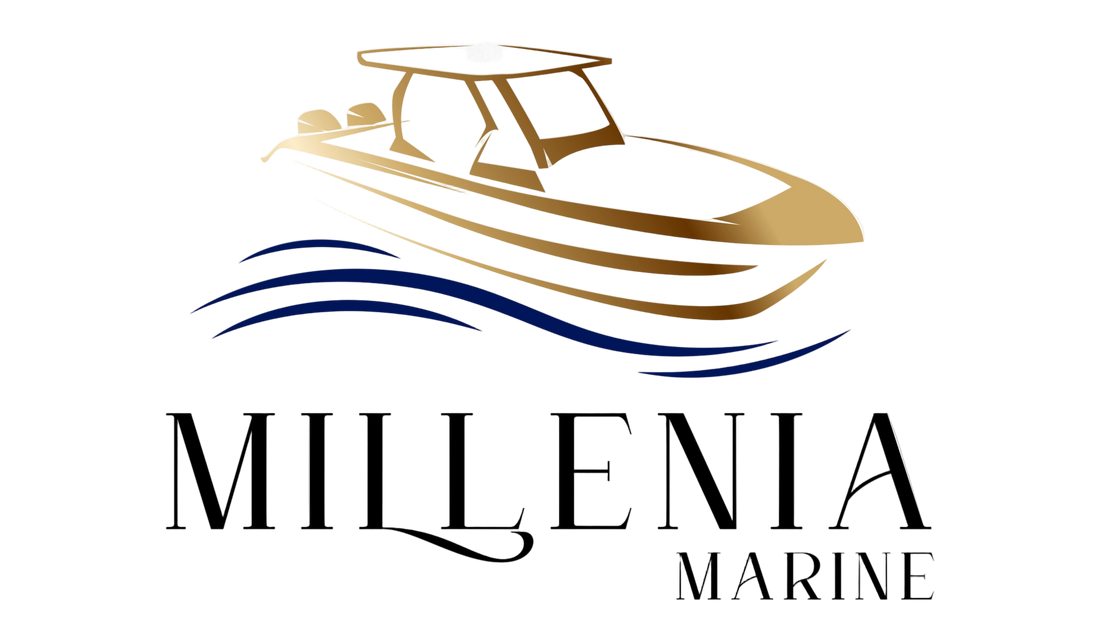 Logo of Millenia Marine with a boat illustration on a white background