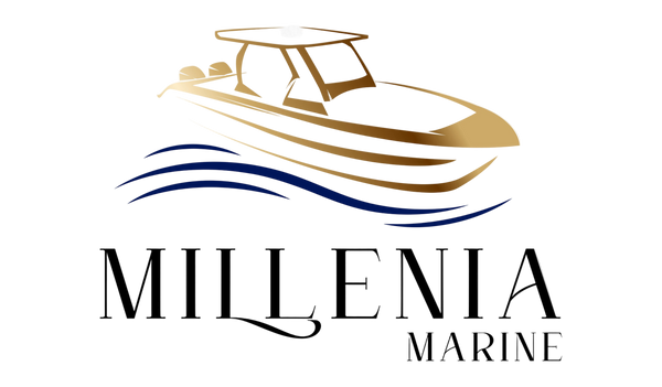 Logo of Millenia Marine with a boat illustration on a white background